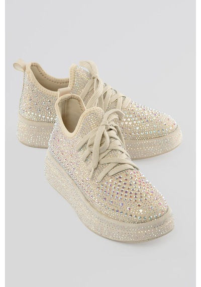 Mubiano Kadın Sneaker Taş Detaylı Kalın Tabanlı Diamond Bej Bej