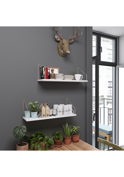 Duvar Rafı Kitaplık Mutfak Banyo Yaşam Alanı 20 X 70 Cm 2 Adet Beyaz Altın Kollu