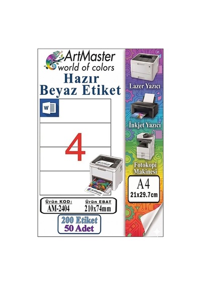 A4 Hazır Beyaz Etiket 210x74.25mm 50 Sayfa 1 Paket 4 Lü Kendinden Yapışkanlı Fotokopi Lazer İnkjet Kağıdı Yazıcılar İçin
