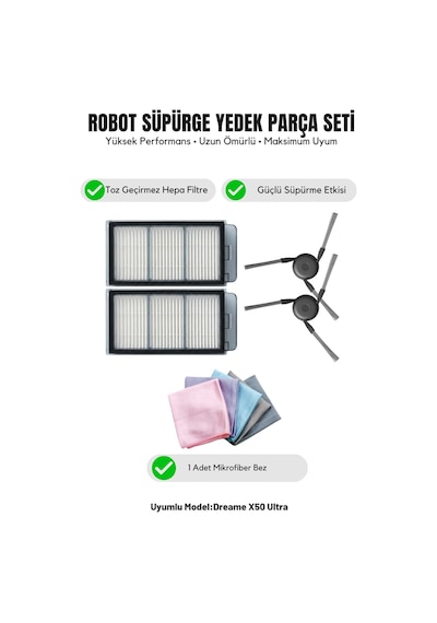 Dreame X50 Ultra İle Uyumlu 2 Yan Fırça 2 Filtre 1 Temizlik Bezi 9.0