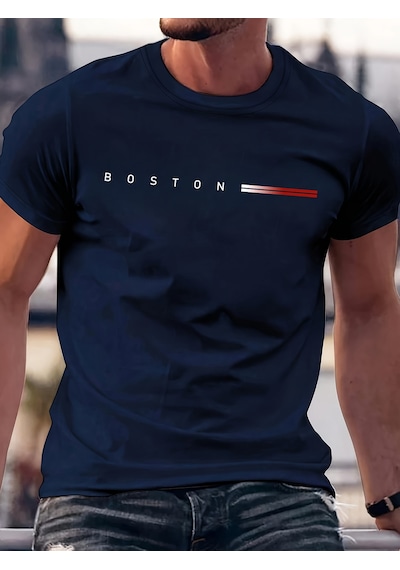 Unisex Boston Tasarım Basklı Tshirt Lacivert