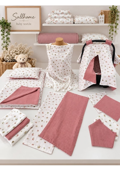 Sallhome Baby 15 Parça Müslin Yenidoğan Bebek Bakım Seti Gül Kurusu Çiçek Desenli Hastane Çıkışı Anne Bebek Seti