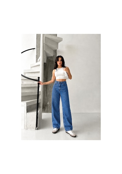 Kene Jeans Mavi Likralı Boyfriend Bol Paça Denim Pantolon Mavi