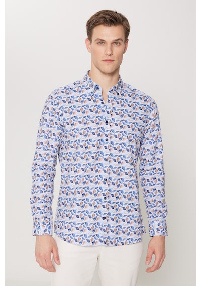 AC&Co / Altınyıldız Classics Erkek Bej Mavı %100 Pamuk Slim Fit Dar Kesim Düğmeli Yaka Baskılı Gömlek Bej Mavı