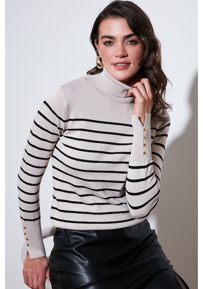 Lela Çizgili Regular Fit Balıkçı Yaka Bayan Kazak 4615565 Ekru