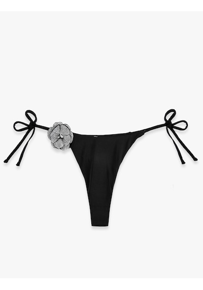 Koton Taşlı Çiçek Aplike Detaylı Yanları İpli String Mikro Bikini Altı Siyah 6sak00194mm