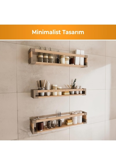 Masif Ahşap Duvar Rafı Çift Korkuluklu Minimal Raf, Baharat/kitap/bitki Düzenleyici, Kolay Mo Diğer