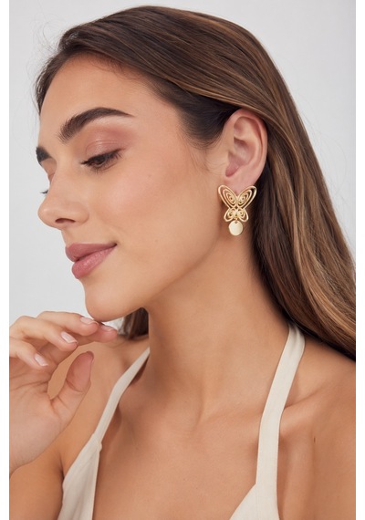 Füsun Küpesi Model Gold Renk Kelebek Model Pirinç Kadın Küpe Altın