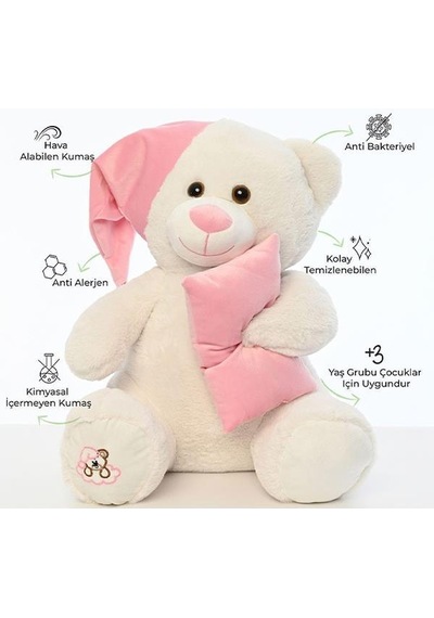 Pufu Toys Pelüş Uyku Arkadaşım Ayıcık 60 Cm Beyaz Pembe 03007 Krem