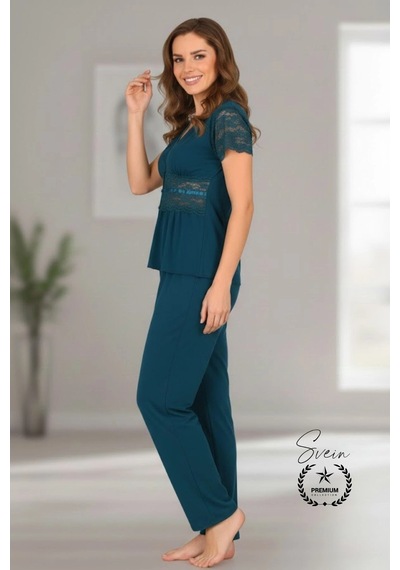 Svein Pijama Yeşil Nefes Alabilen Yumuşak Kadın Pijama Seti Günlük Kullanım Modern Şık Çeyiz Terletmeyen Yeşil