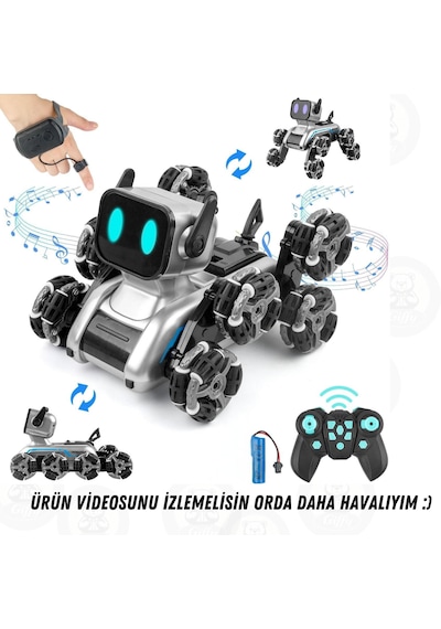 Oyuncak 2.4 Ghz Uzaktan Ve Bilekten Kumandalı Şarjlı 8 Teker Akrobat Robot Köpek Müzikli Ve Led Işık Gri
