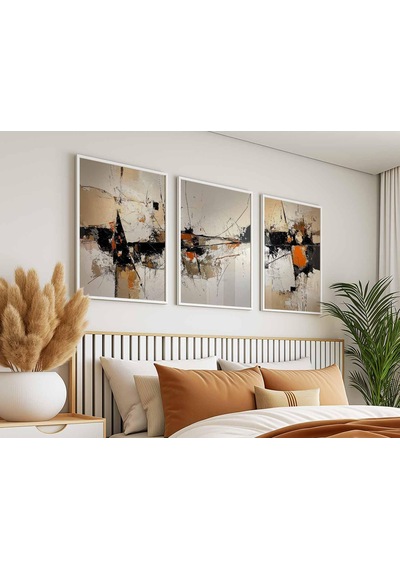 Soyut Geometrik Sanat Seti, Modern Siyah Ve Turuncu Duvar Sanatı, Minimalist Sanat Baskıları, Çağdaş Manzara Japon Poster Seti 3 Parça