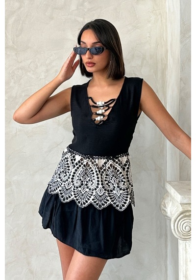 Verymoda Nakışlı Kolsuz Bluz D2781 Siyah Taş