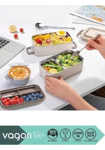 2000ml Lunchbox 2 Katlı 3 Bölmeli Mini Kaseli Çelik Sefer Tası Yemek Kutusu Beyaz Açık