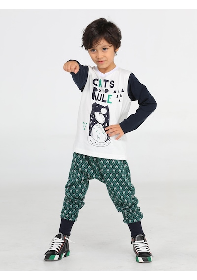 Casabony Cats Rule Erkek Çocuk Pantolon + T-Shirt Takım-Indigo - Beyaz İndigo - Beyaz