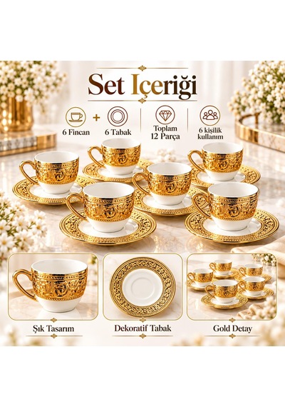Valkyrie Harem Serisi 6 Kişilik 12 Parça Kahve Fincan Takımı Gold Detaylı Şık Fincan Seti Beyaz Altın