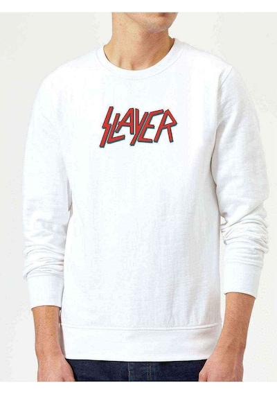 Slayer Grubu Logosu Rock Music Baskılı Beyaz Erkek Örme Sweat