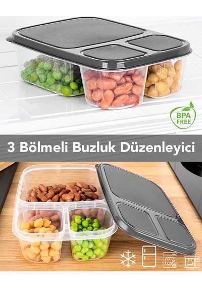 Dikdörtgen 3 Bölmeli Saklama Kabı - Mikrodalga Ve Difrize Uygun Buzdolabı Organizer Difriz Kabı Şeffaf