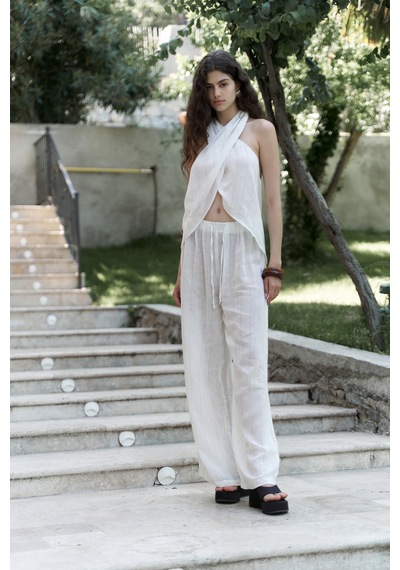 Mai Collection Mai Studios Co. Cadhas Boyundan Bağlamalı Ekru Crop Pantolon Takım Ekru
