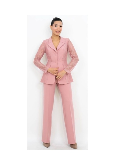 Dorne Moda Dantel Detaylı Blazer Takım Pembe Pembe