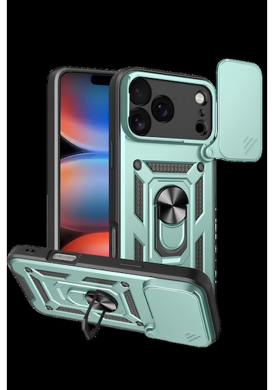 Apple Uyumlu iPhone 17 Pro Kılıf Sürgülü Kamera Korumalı Yüzüklü Stand Olabilen Magnetic Tpu Tank Kapak