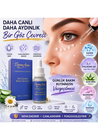 Dermaura Göz Çevresi Serumu 30 Ml Nemlendirici Kafein Ve Hyaluronik Asit Içeren Göz Altı Bakım Serumu