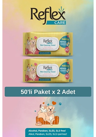 Reflex Care Nergis Kokulu Kedi Ve Köpekler İçin Çok Amaçlı Hijyenik Temizleme Mendili 50'li X 2 Adet