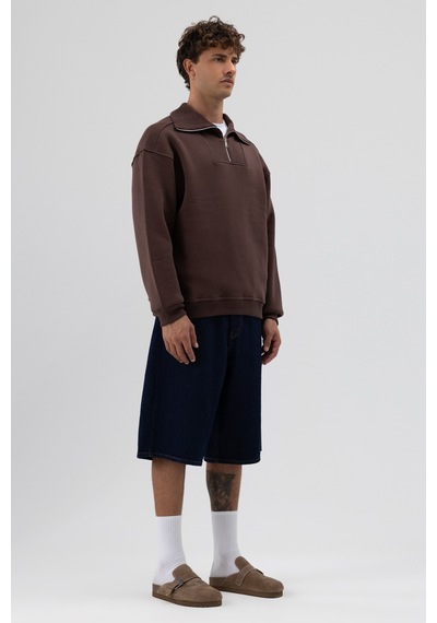 Vamos Basic Fermuarlı Dik Yaka Sweatshirt Kahve