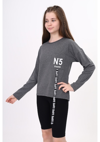 Toontoy Kız Çocuk Cep Üstü Baskılı Sweatshirt Antrasit Melanj