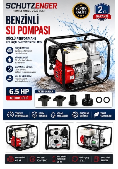 6.5 Hp 2 Inç Çıkışlı Benzinli Su Pompası 200 Mt Yatay Su Basar 4 Zamanlı Motor Turbo Güç Kırmızı