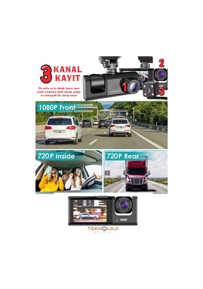 Full Hd 1080p 3 Kameralı Dash Cam Ön Arka İç Kayıt Özellikli Gece Görüşlü G Sensörlü