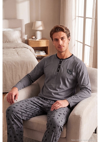 Buratti Desenli Pamuklu Düğmeli Bisiklet Yaka Pijama Takımı Erkek Pijama Takımı 6575002 Füme