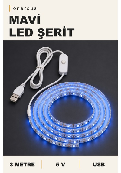 Onerous 3 M 5v Mavi Led Şerit, Anahtarlı, Usb