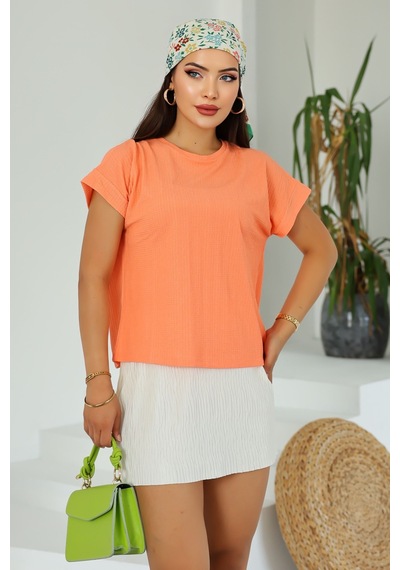 Lupinn Moda Kadın Turuncu Basic Kısa Kollu Yuvarlak Yaka Yazlık Rahat Fit Bluz - Üst - T-shirt Turuncu