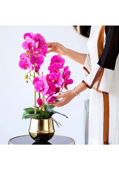 4lü Set Yapay Çiçek Fuşya Islak Orkide Ve 2 Adet Orkide Yaprağı Gerçeksi Doku Uzun Dal 90cm
