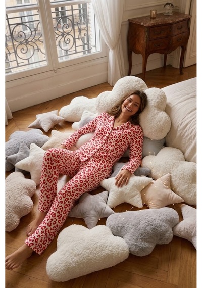 Fit Women Kadın Gömlek Yakalı Rahat Ev Giyimi Kırmızı Pijama Takımı