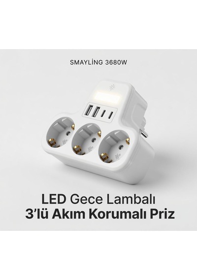 3 Lü Duvar Tipi Akım Korumalı Priz 2 Usb-a + 2 Type-c Girişli Led Gece Lambalı Akıllı Çoklu Priz 0