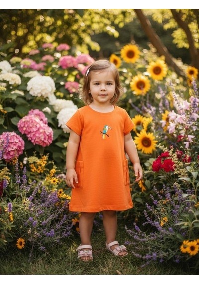 Zekids Kız Bebek Papağan Desenli Pamuklu Elbise-16354 Turuncu