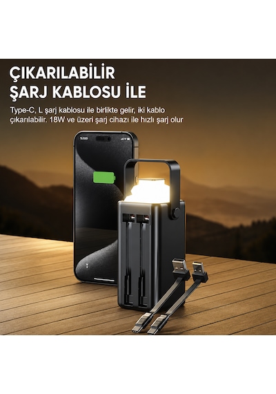 20.000 Mah Powerbank Kamp Lambası Dahili Usb-c & Lightning Kablolu Dijital Göstergeli Pd Hızlı Şarj Taşınabilir