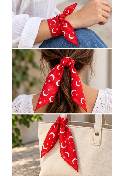 Herşeynota 24 Lü Ay Yıldızlı Kırmızı %100 Pamuk Fular Bandana 52x52 Cm Okul Tören Etkinlik Çok Renkli
