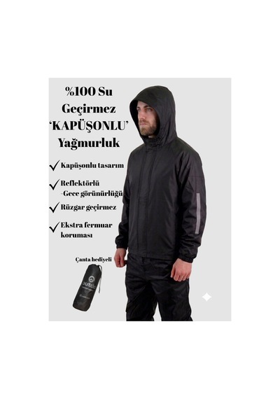 Outdo Şapkalı Kapşonlu Motorcu Yağmurluğu Su Ve Rüzgar Geçirmez Reflektörlü Diğer
