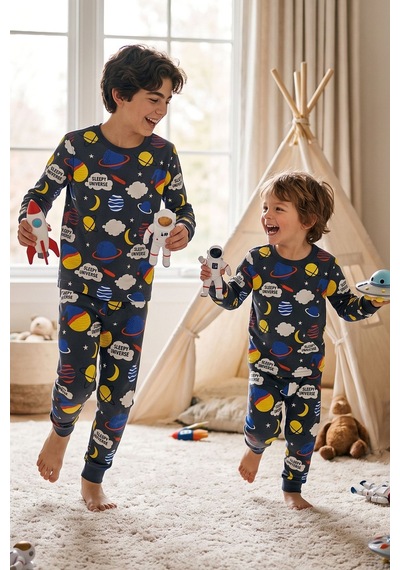 Zuzunga Planet Pattern Uzun Kollu Erkek Çocuk Pijama Takımı Füme