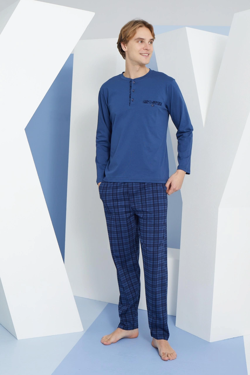 Kly Erkek %100 Pamuklu 4 Mevsim Kumaş Ekoseli Uzun Kollu Pijama Takım İndigo
