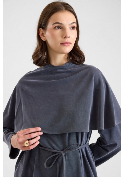 Olcay Şal Aksesuarlı Premium Kumaş Tunik Pantolon Füme 9470-tk