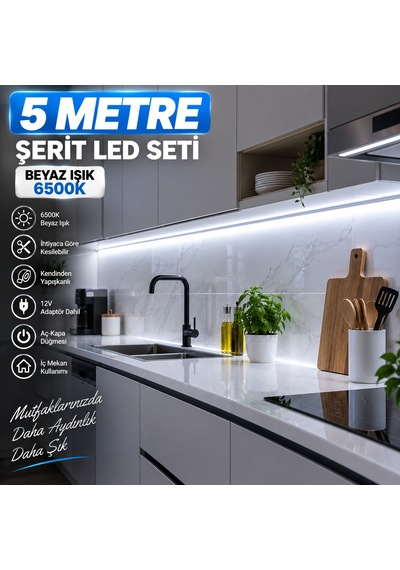 Mutfak Dolap Ayna Aydınlatma 5 Metre Beyaz Aç Kapat Düğmeli Şerit Led Seti 12v Adaptörlü Aç Kapa Düğmeli Kendinden