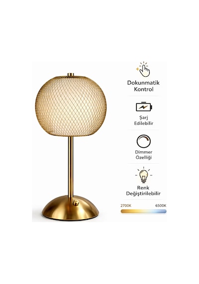 Tel Dekoratif Siyah Masa Ve Gece Lambası Led Abajur Altın