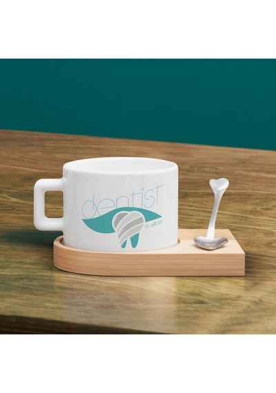 Bk Gift Kişiye Özel İsimli Diş Hekimi Tasarımlı-4, Ahşap Altlıklı Seramik Fincan, Meslek Hediyesi, Yeni İş Hediyesi Kobitmeyen137927 Bk Gift