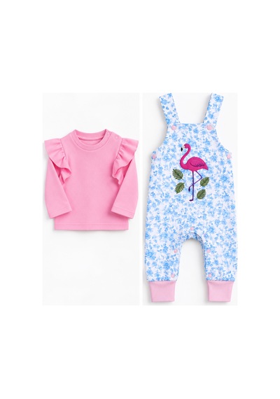 Babyhola Kız Bebek Çocuk Flamingo Salopet Badi Takım 23388 Pudra
