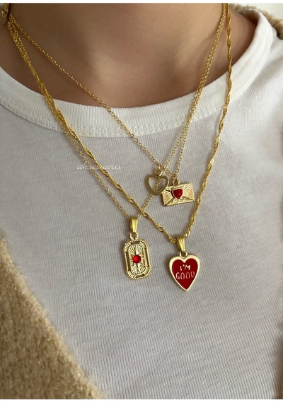 3'lü Gold Kırmızı Kalp Charm Love Kolye Set Altın Altın