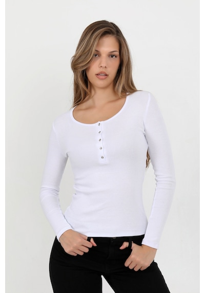 Hdm Kadın Beyaz Uzun Kollu Fitilli Patlı Düğmeli Basic Örme Bluz - H6162